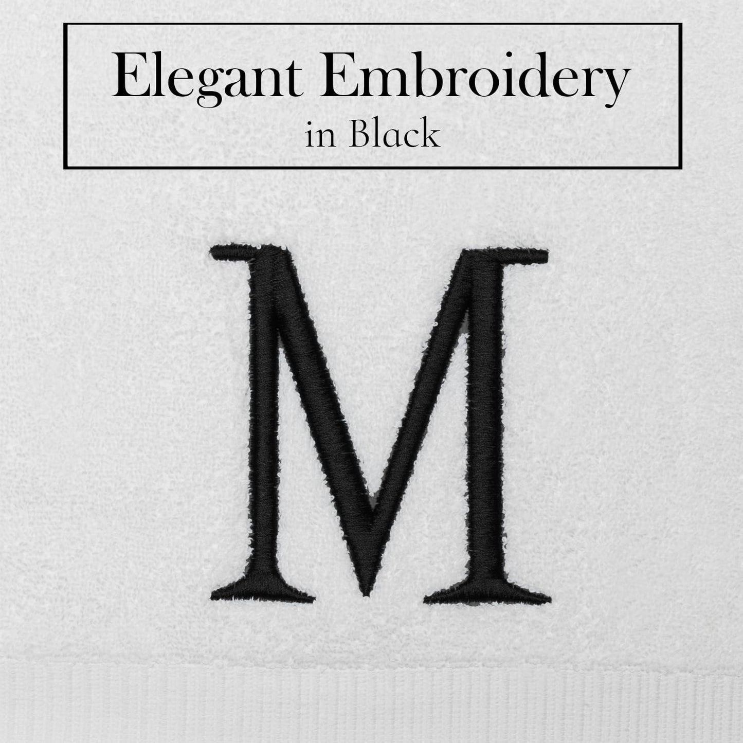 Black Initial Hand Towel for Bathroom - Monogrammed Luxury Hotel Quality Decorative Embroidered Towel for Powder Room, Spa - GOTS Organic Certified - Set of 2 Letter M