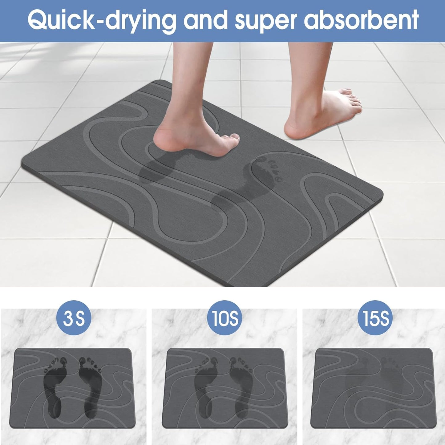 Stone Bath Mat Diatomaceous Earth Shower Mat Non-Slip Super Absorbent Diatomite Stone Bath Mats for Bathroom Floor Quick Drying Natural Easy to Clean