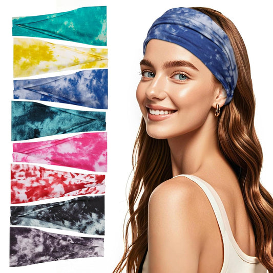 obeoby Tie Dye Headbands for Women, 8Pcs Boho Hairbands Fashion Knot Wide Headband for Daily Yoga Work, Stocking Stuffers for Women
