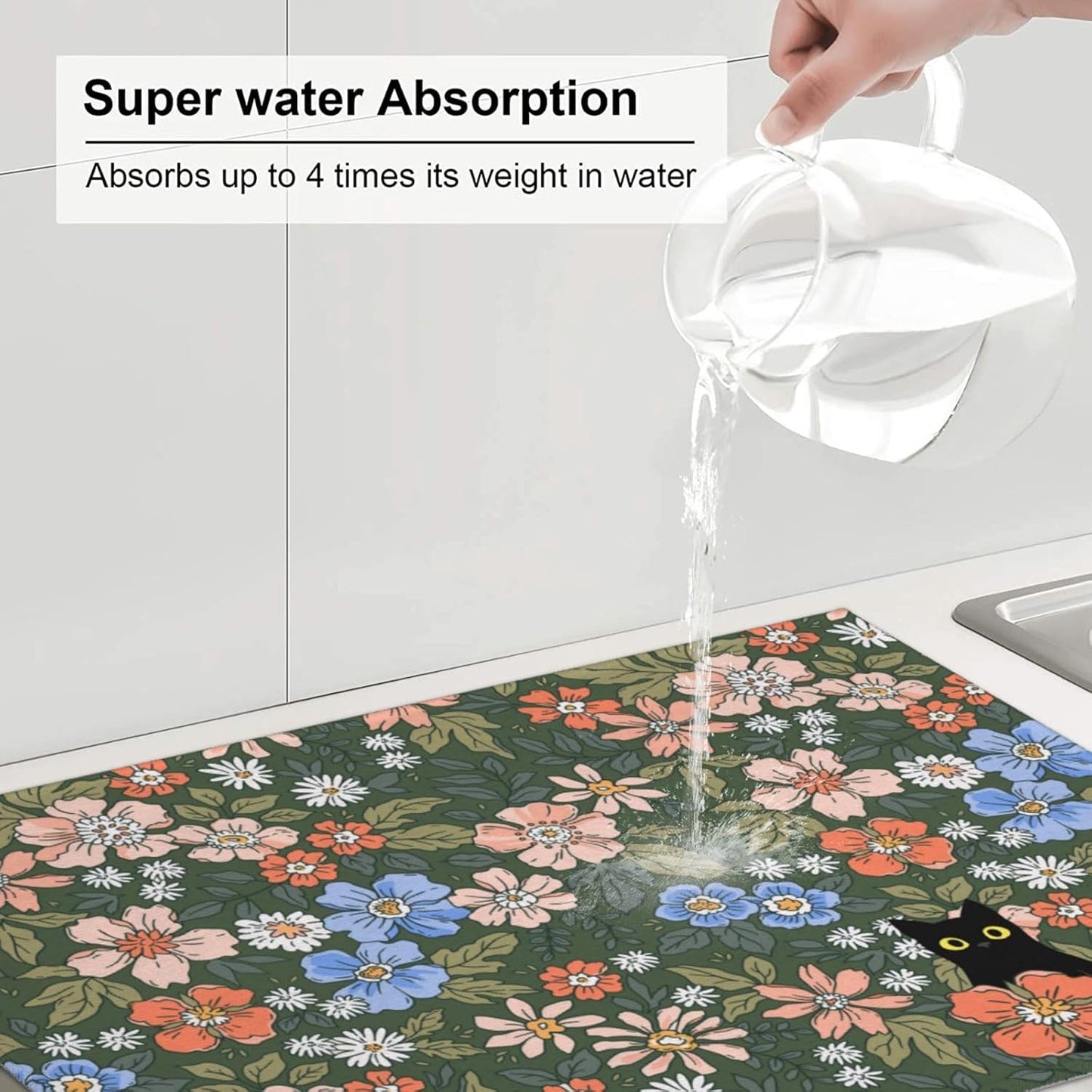 Black Cat Floral Dish Drying Mat For Kitchen Counter Absorbent Large Kitchen Fast Dry Pad Reusable Washable Protector Rack Large Mat 18 X 24