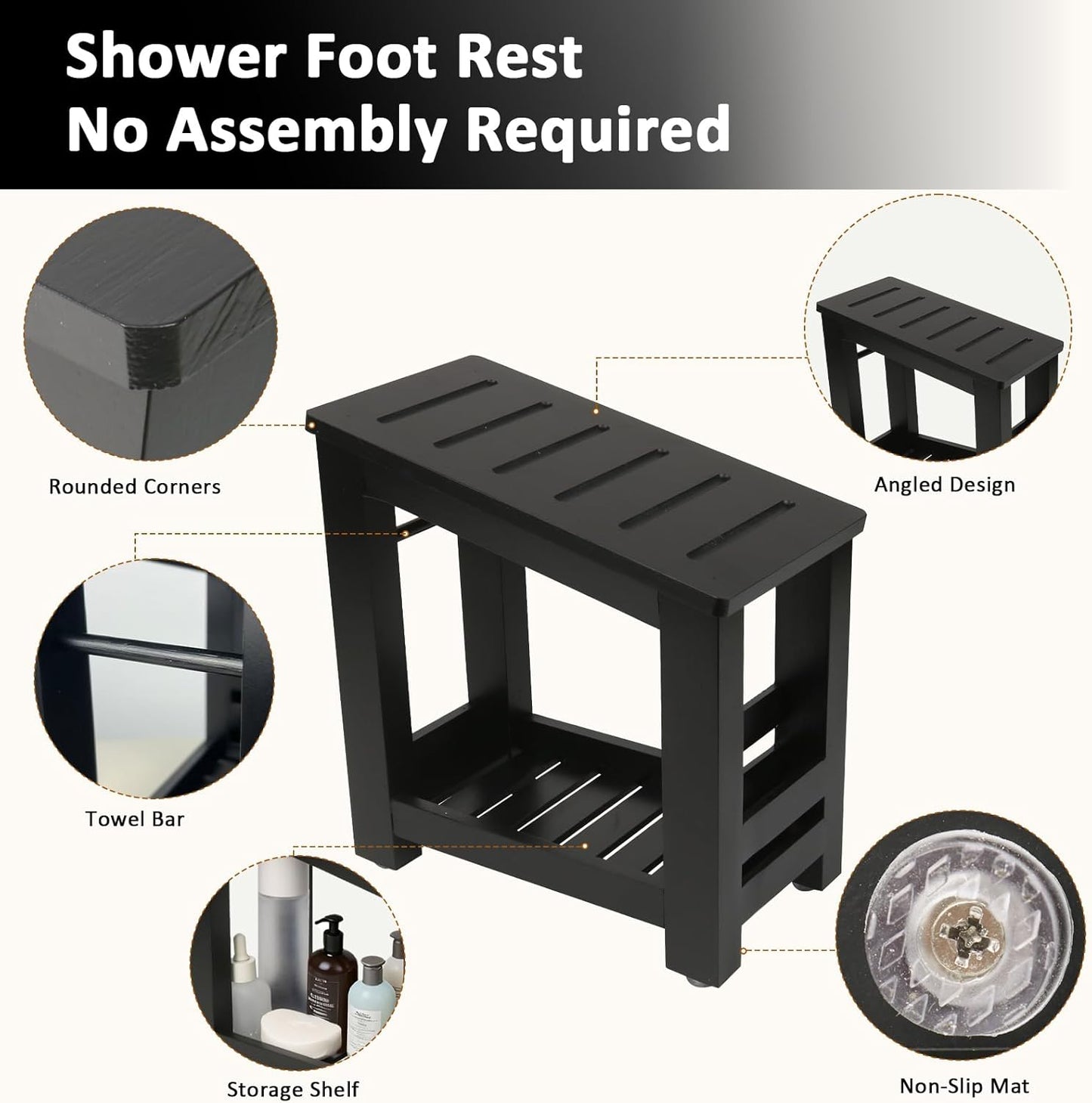 Shower Foot Rest, Small Bamboo Foot Stool with Storage Shelf, Shower Stool for Shaving Legs, No Assembly Required, Natural (Black)