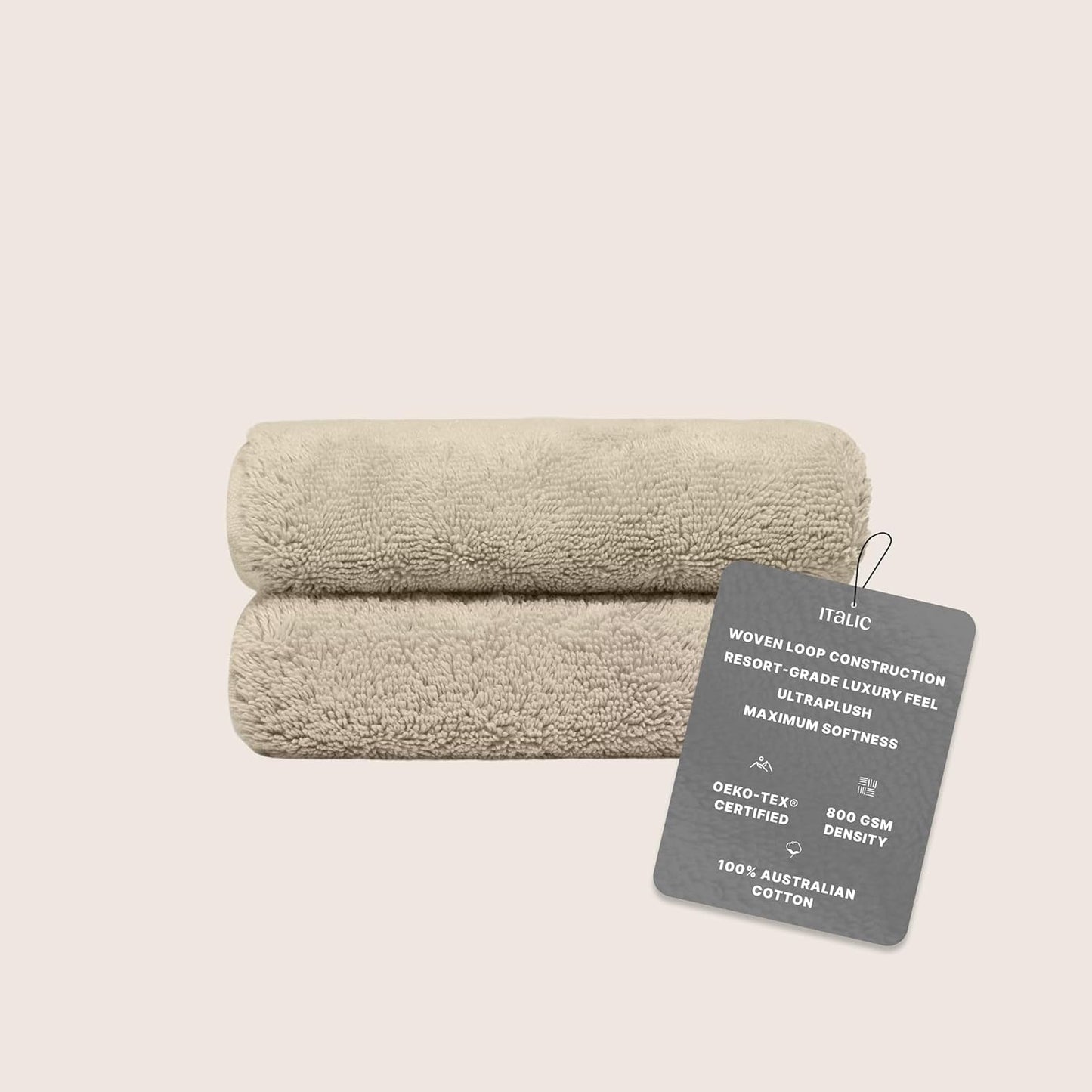 Italic Ultraplush 100% Australian Cotton Hand Towels - Set of 2 Luxury Hand Towels, Ultra Soft and Highly Absorbent 800GSM Towels for Bathroom,Shower, Hotel, and Spa (Sand)