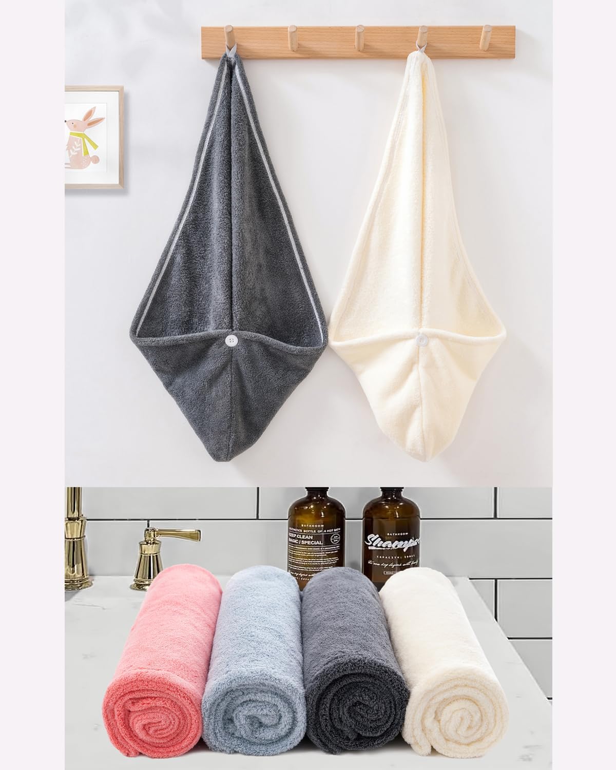 Bath Pre Dry Hair Towel 2 Pack Quick Dry Hair Super Absorbent Lightweight Turban with Button Hair Drying Wrap Shower Wellness, Red Grey