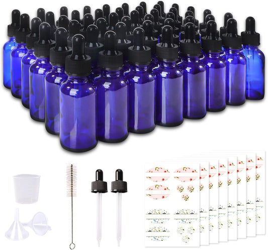 48 Pack 1oz Cobalt Blue Glass Bottles with Glass Eye Droppers for Essential Oils, Perfumes & Lab Chemicals (Brush, Funnels, 2 Extra Droppers, 54 Pieces Labels & 30ml Measuring Cup Included)
