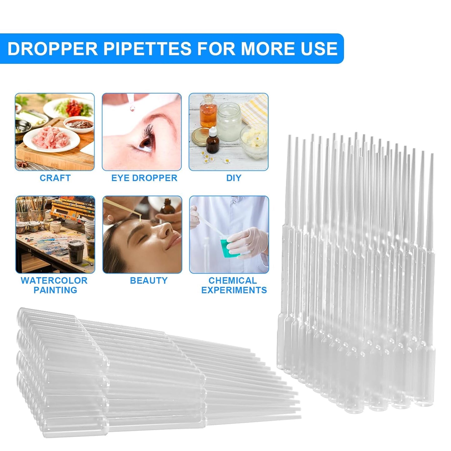 100 PCS 3ML Dropper Pipettes Essential Oil Transfer, Disposable Plastic Eye Dropper for Science Experiments, Crafting, Makeup Tool, 3ml-Improved