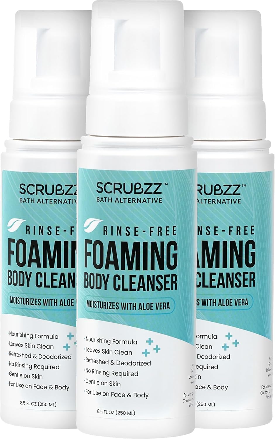 Scrubzz No Rinse Body Wash for Elderly, Rinse Free Cleansing Foam, Waterless Foaming Cleanser for Men and Women, Great for Camping, Gym and Post Workout, Hospital Stays and Post Surgery - 3 Pack