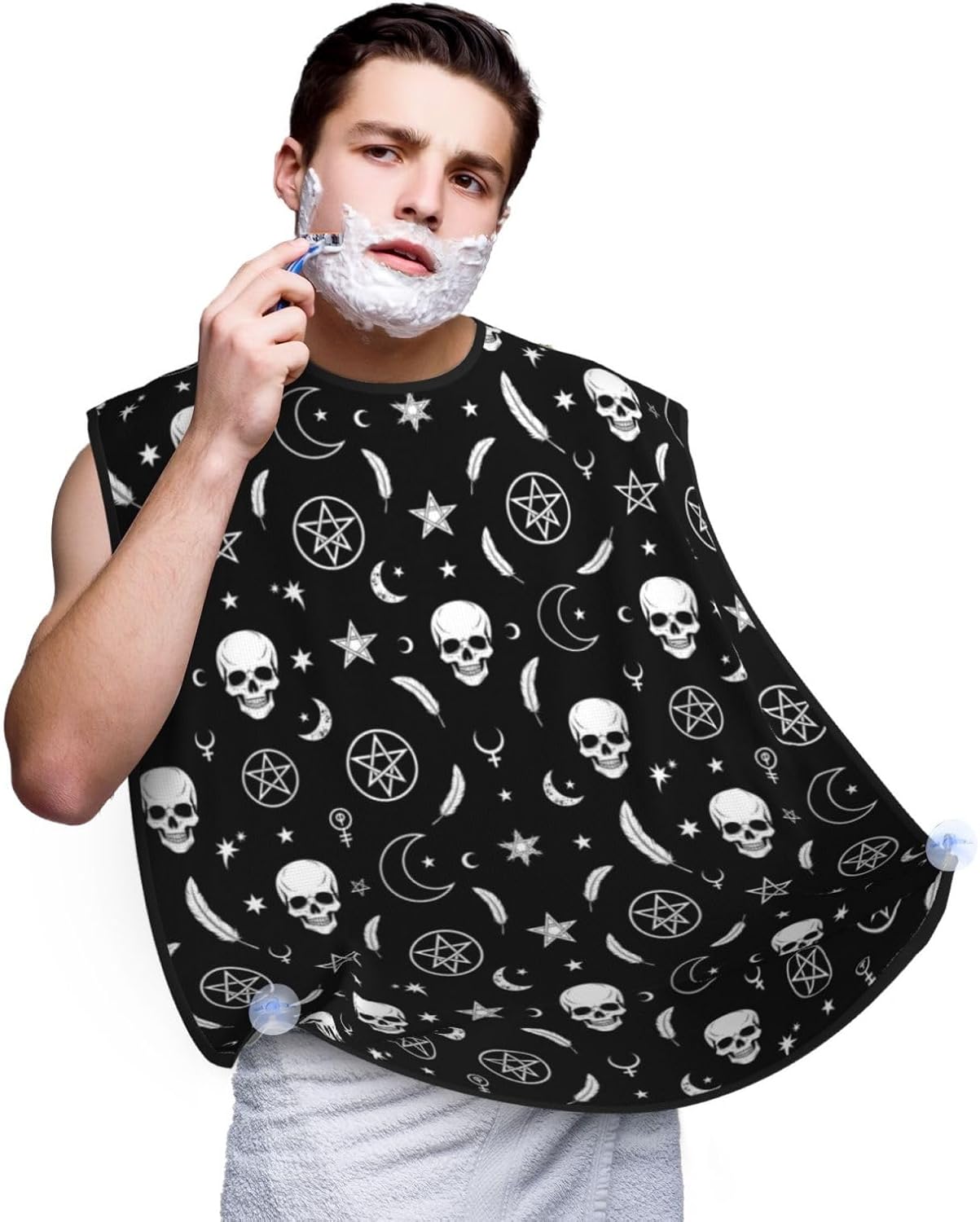 Adjustable Beard Catcher Apron, Goth Raven Crow Skull Moon Star Gothic Witch Magic Spirit Board Shave Bib, Non-Stick Waterproof Grooming Bib, Shaving Essential for Men Dad Christmas