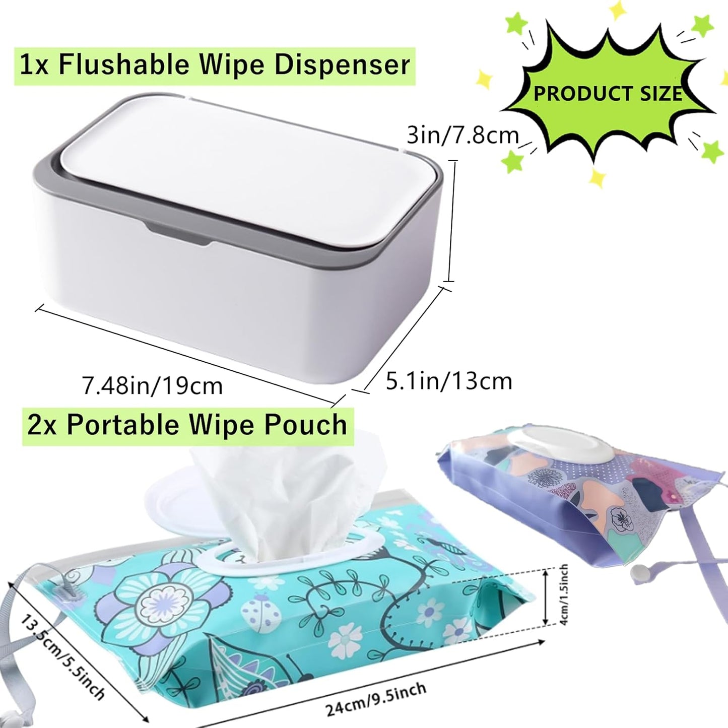 Wipes Dispenser with 2Pcs Portable Travel Refillable Wipe Holder,Reusable Wipe Holder Box Flushable Wipes Case Bathroom Wipes Container for Pet Nursery Office Counter Baby Shower Gifts(White-Grey)