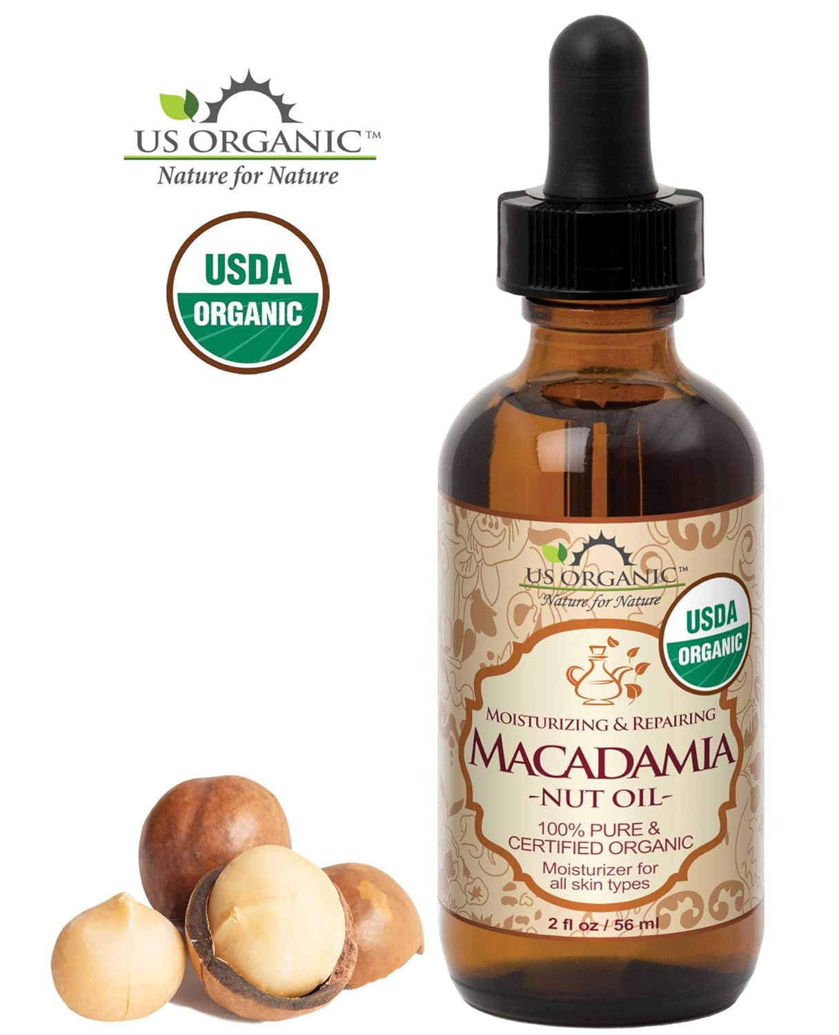 US Organic Macadamia Nut Oil Unrefined Virgin, USDA Certified Organic, Pure & Natural, Cold Pressed, Sourced in Kenya, in Amber Glass Bottle w/Glass Eye dropper for Easy Application (2 oz (Small))
