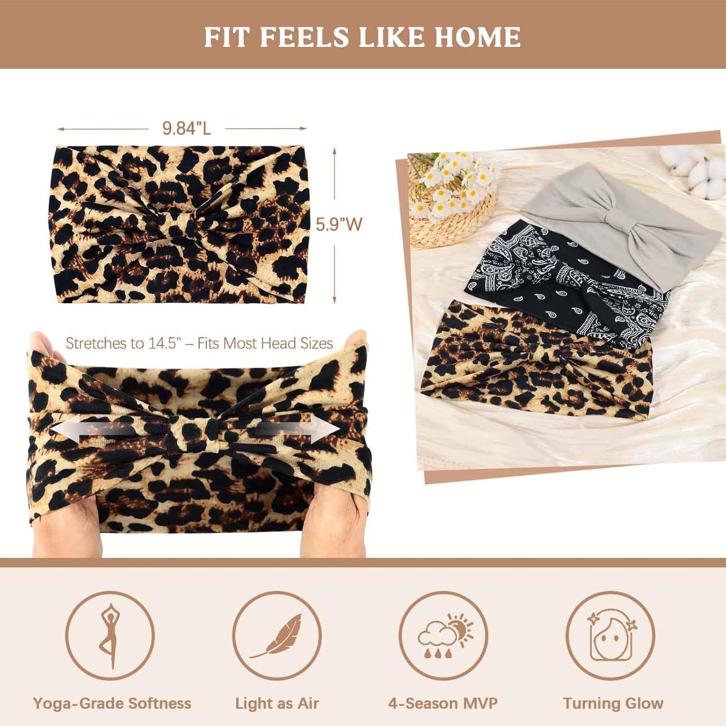 Wide Headbands for Women Knotted No Slip Head Bands Soft Turban Headband Hair Accessories Boho African Solid Color Head Wraps for Women Yoga Workout Pack of 6