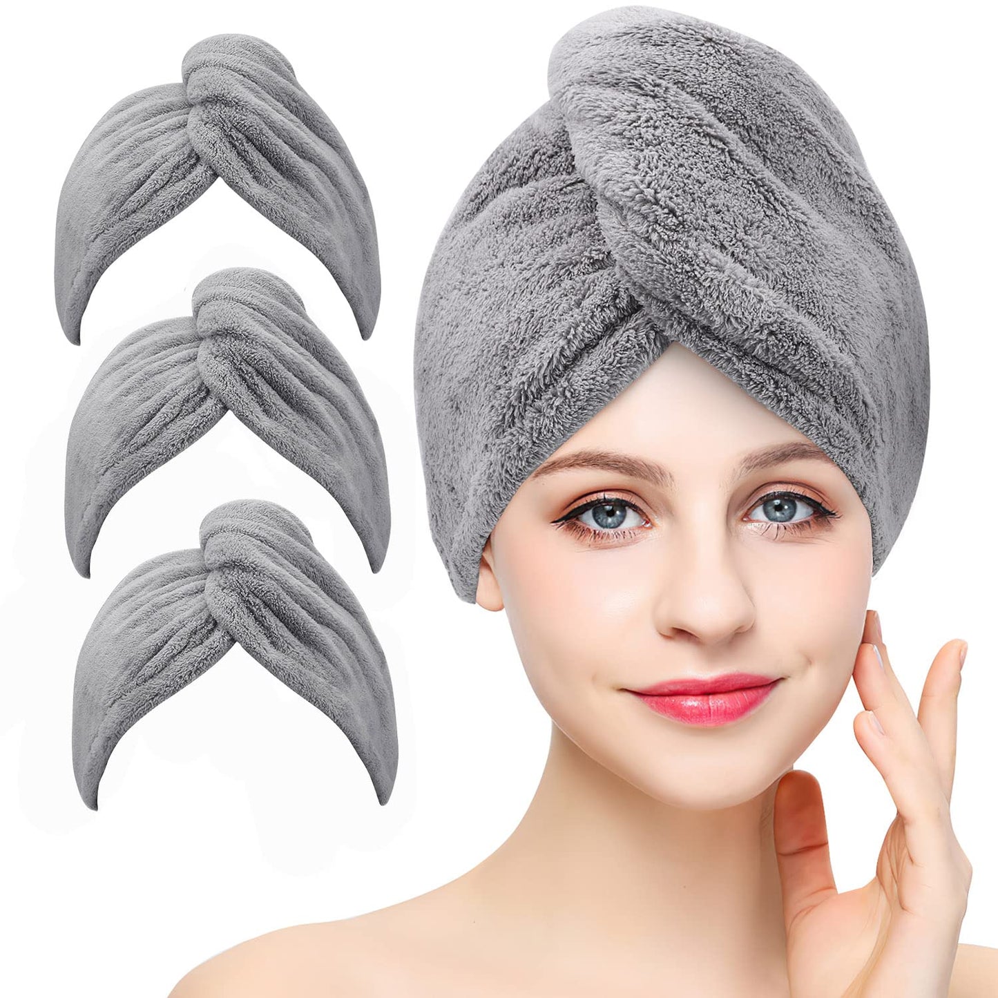 BEoffer Microfiber Hair Towel, 3 Packs Hair Towels for Women, Men,Kids, Quick Dry Hair Wrap Towels for Curly,Long, Curly Hair Anti Frizz (Gray)