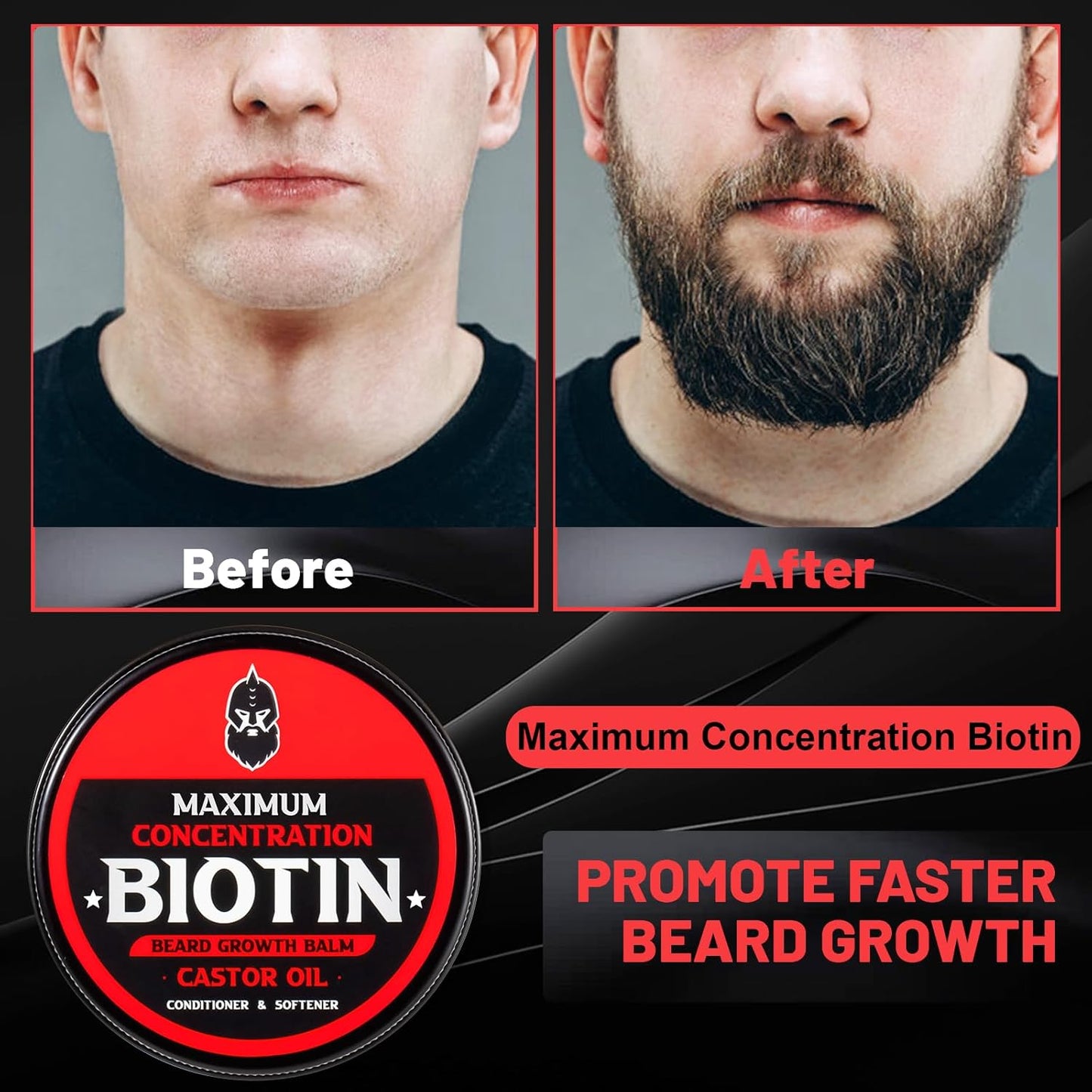 Beard Balm, Maximum Concentration Biotin, with Castor Oil and Argan & Jojoba Oils, Promotes Beard Growth, Styles, Strengthens & Softens Beards & Mustaches, 2 Ounce,Unscented