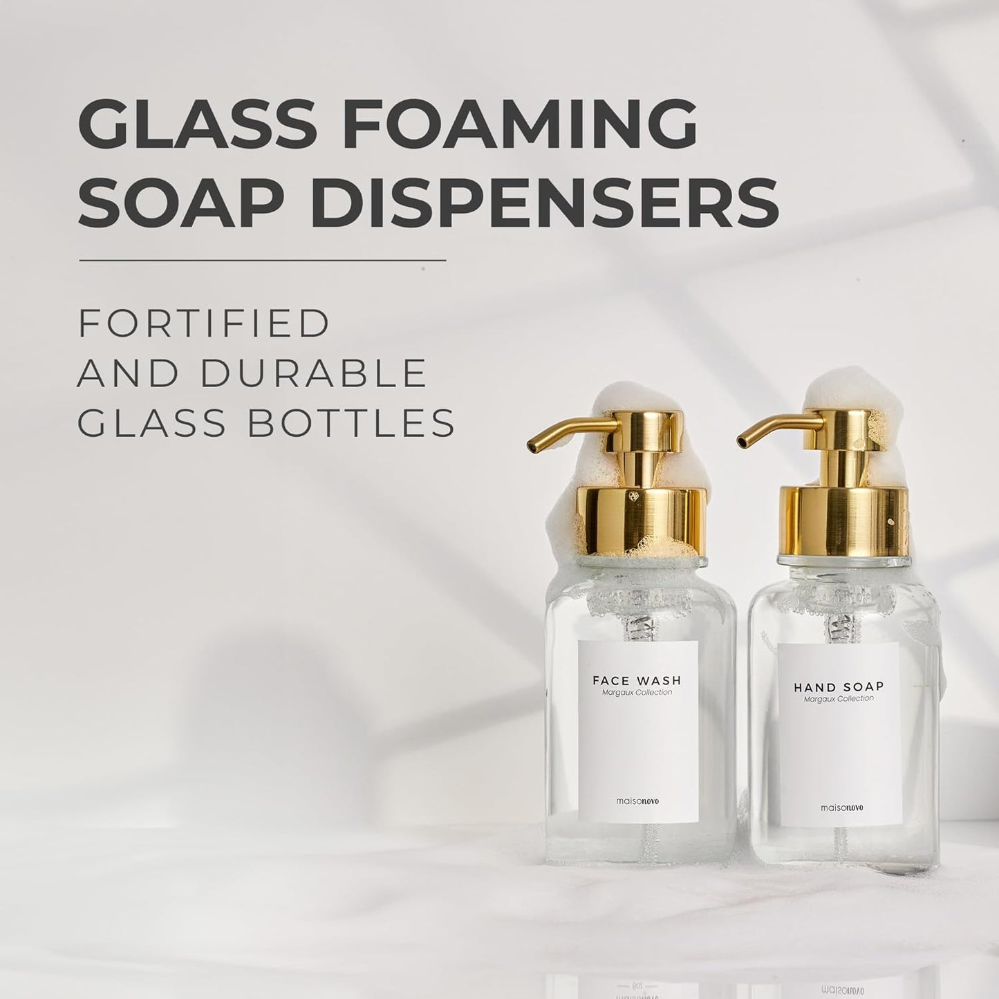 MaisoNovo Glass Foaming Soap Dispenser | Clear Glass Gold Pumps x 2