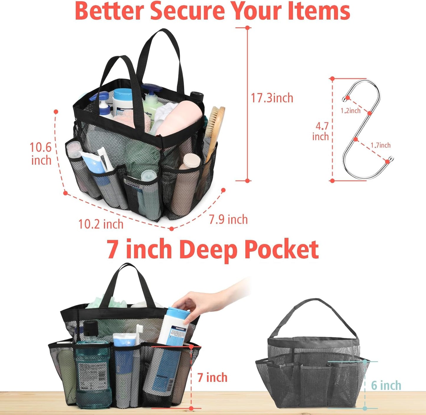 F-color Mesh Shower Caddy Portable - 2 Handles Upgrade Deeper 7 Pockets Basket Bag Tote for College Dorm Room Toiletry Bathroom Essentials Gym Camp Quick Dry with S Hook, 2 Pack, Black & Blue