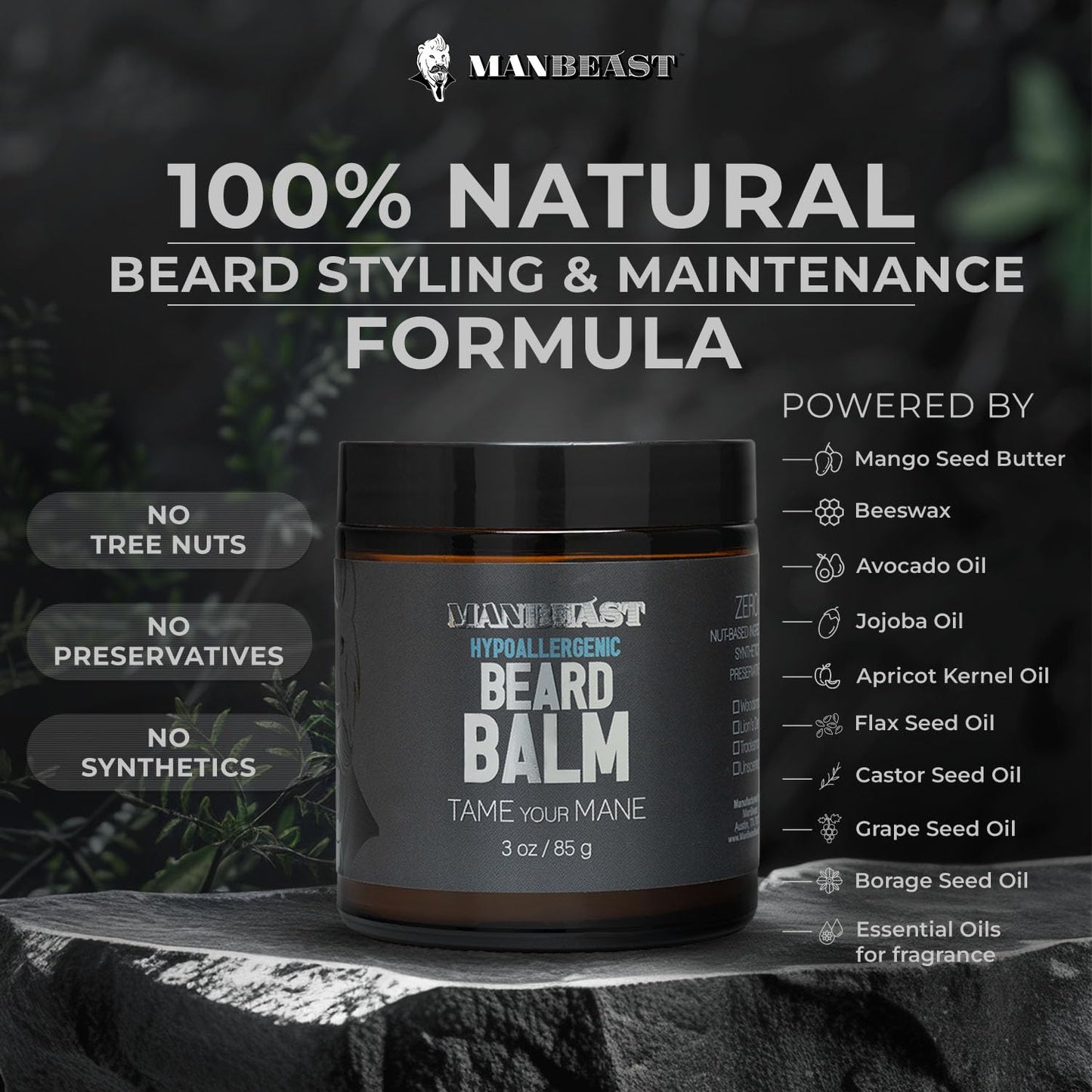 Hypoallergenic All Natural Beard Balm For Men - Lion's Den Scent - Made from Seed-Based Oil, Nut-Free Leave In Beard Conditioner For Men & Mustache Care, Fresh Beards Look, Styling Balm Gifts