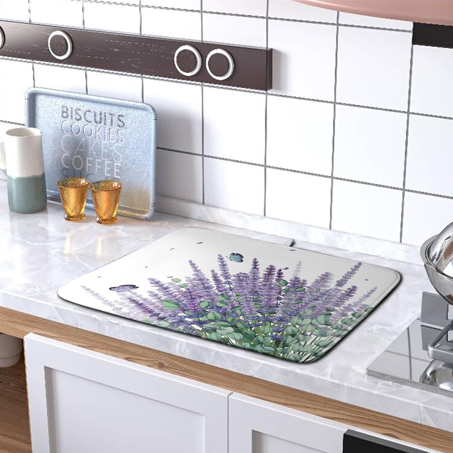 Purple Lavender Dish Drying Mat for Kitchen Counter, 18 x 24 Purple Floral Microfiber Dish Drainer Mats, Absorbent Reversible Microfiber Dish Mat, Butterflies Flowers Kitchen Drying Mats for Dishes