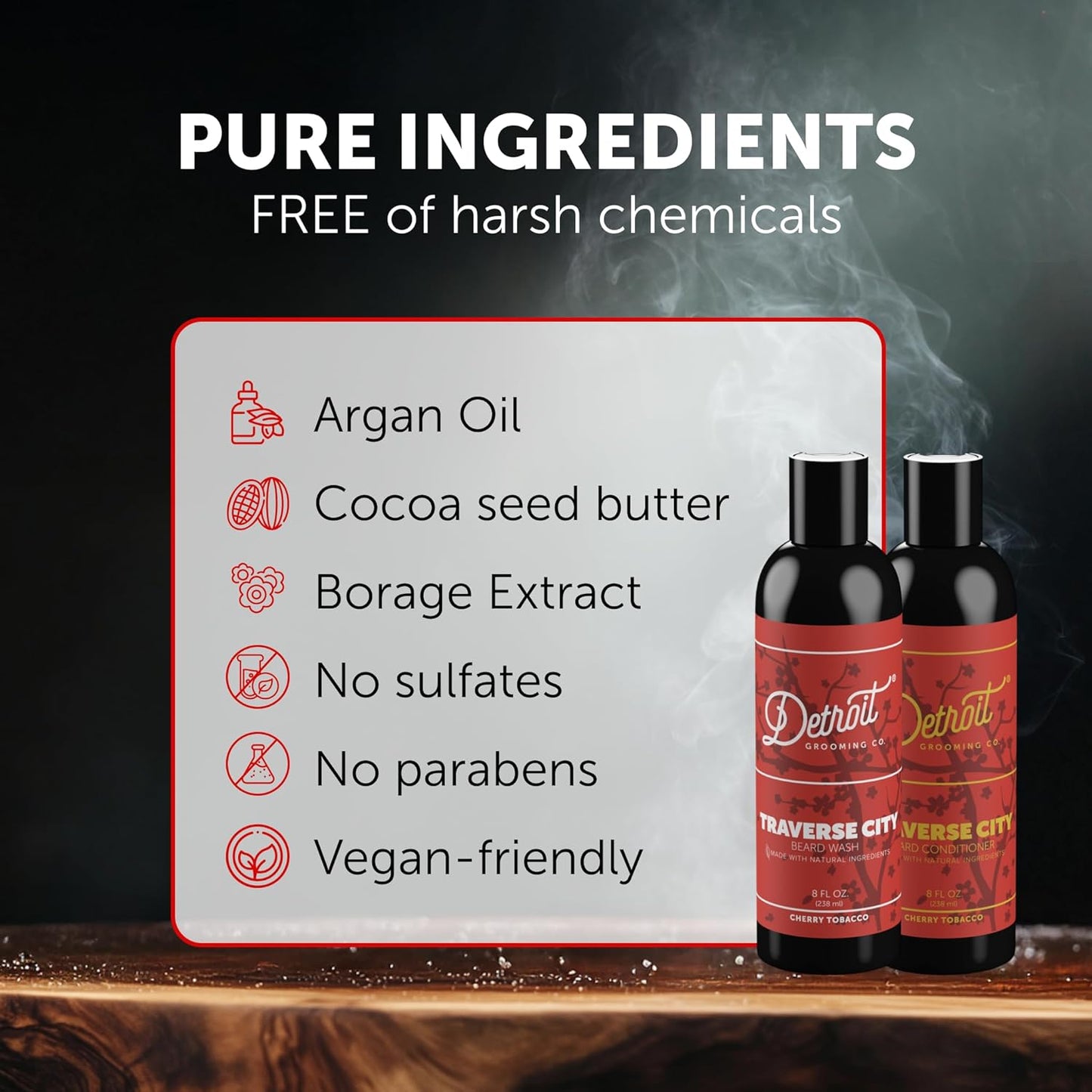 Detroit. Grooming Co. Beard Wash and Beard Conditioner - Men's Kit - Softens,Strengthens,Moisturize - Biotin-Infused w/Argan Oil, Apple Extract, Aloe Vera - Cherry Tobacco Scent - Traverse City - 8oz