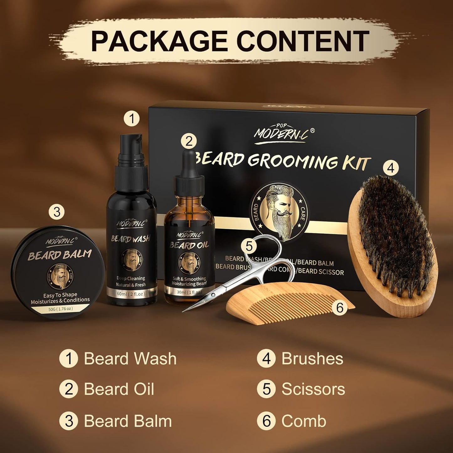 POP MODERN.C Beard Growth Kit Beard Grooming Kit 6pcs Beard Wash Shampoo Beard Oil Beard Balm Beard Comb Brush Scissors