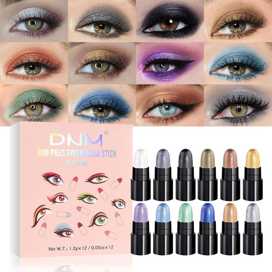 evpct 12Pcs Capsule Cream Eye Shadow Brightener Sticks Set for Eyes, Pearl White Smokey Black Gray Khaki Royal Blue Violet Purple Silver Shimmer Matte Pencil Eye shadow Applicator Stick Palette Makeup