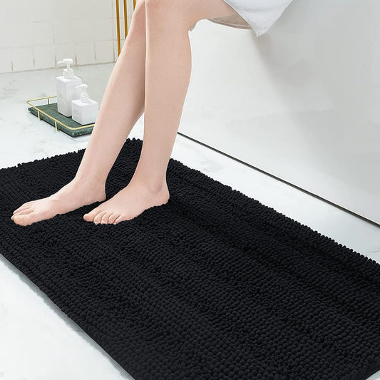 Grandaily Chenille Striped Bathroom Rugs 70x24, Extra Thick and Absorbent Bath Mats, Non-Slip Soft Plush Shaggy Shower Carpet, Machine Wash Dry, Bath Rug for Bathroom, Black