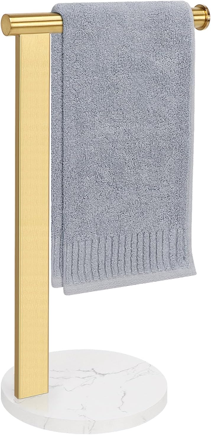 Hand Towel Holder Stand for Bathroom, L- Shaped Standing Hand Towel Rack, Towel Bar Kitchen Vanity Countertop Organizer, SUS304 Stainless Steel Material (Marble Base, Gold)