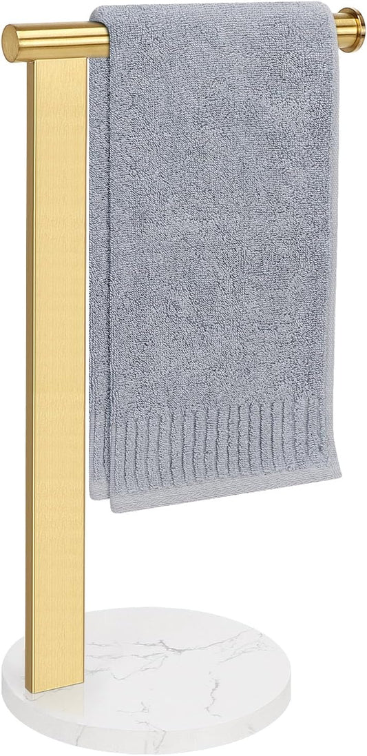 Hand Towel Holder Stand for Bathroom, L- Shaped Standing Hand Towel Rack, Towel Bar Kitchen Vanity Countertop Organizer, SUS304 Stainless Steel Material (Marble Base, Gold)