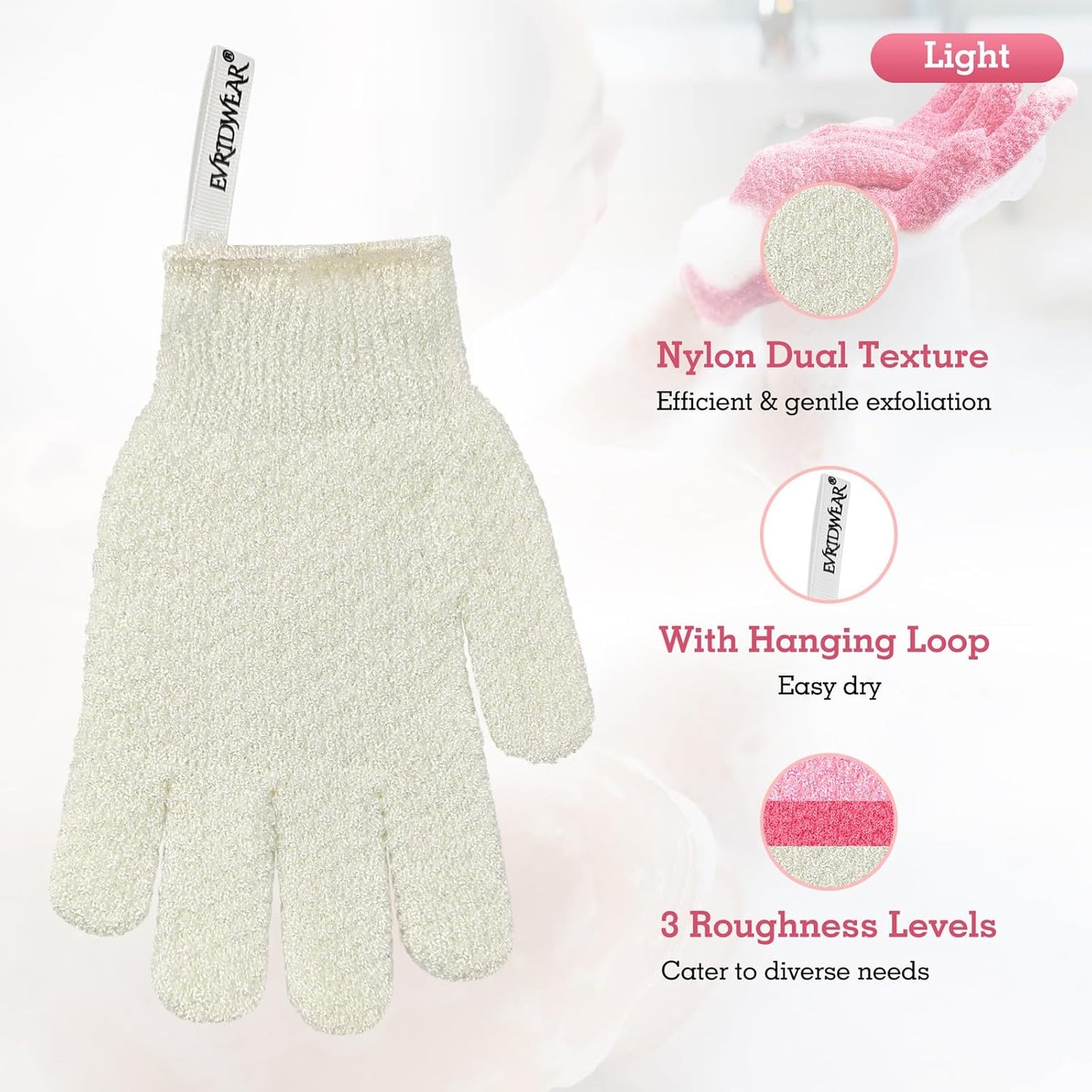 Evridwear Exfoliating Gloves for Shower, 100% Nylon Thick Soft Medium Heavy Bathing Gloves Dead Skin Remover Body Scrubber Smooth Skin with Hang Loop, 2 Pairs Light White