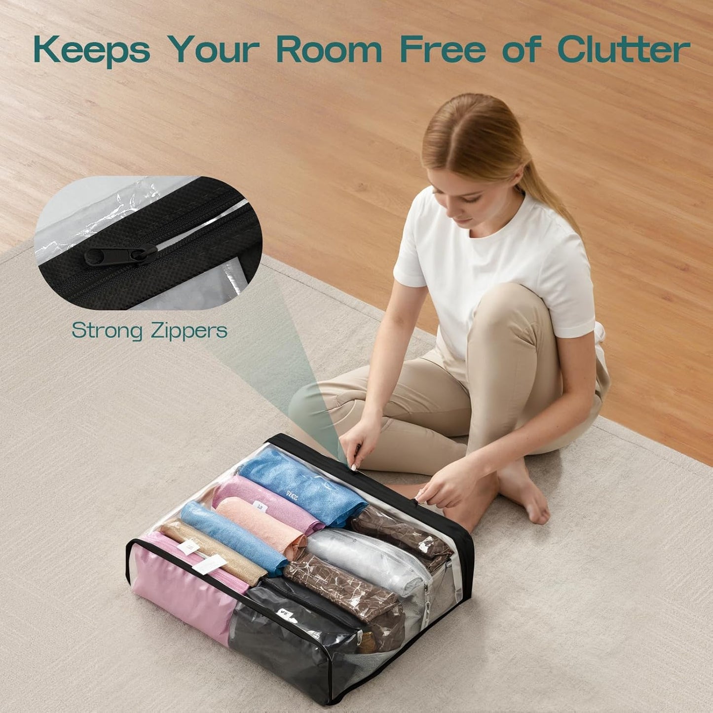 10PACK Clear Zippered Storage Bag for Clothes, 22L Clear Storage Bags, and Blanket Storage Bags for Bedding, Linen, Blankets, Comforters, Clothing & Toys (Black)