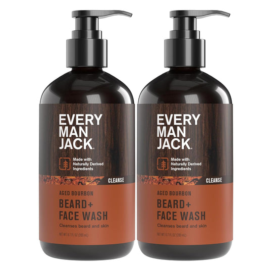 Every Man Jack Beard + Face Wash - Subtle Aged Bourbon Fragrance - Cleans and Helps Condition and Soften Your Beard and Skin Underneath - Naturally Derived with Aloe and Glycerin- 6.7 fl oz (2 Pack)