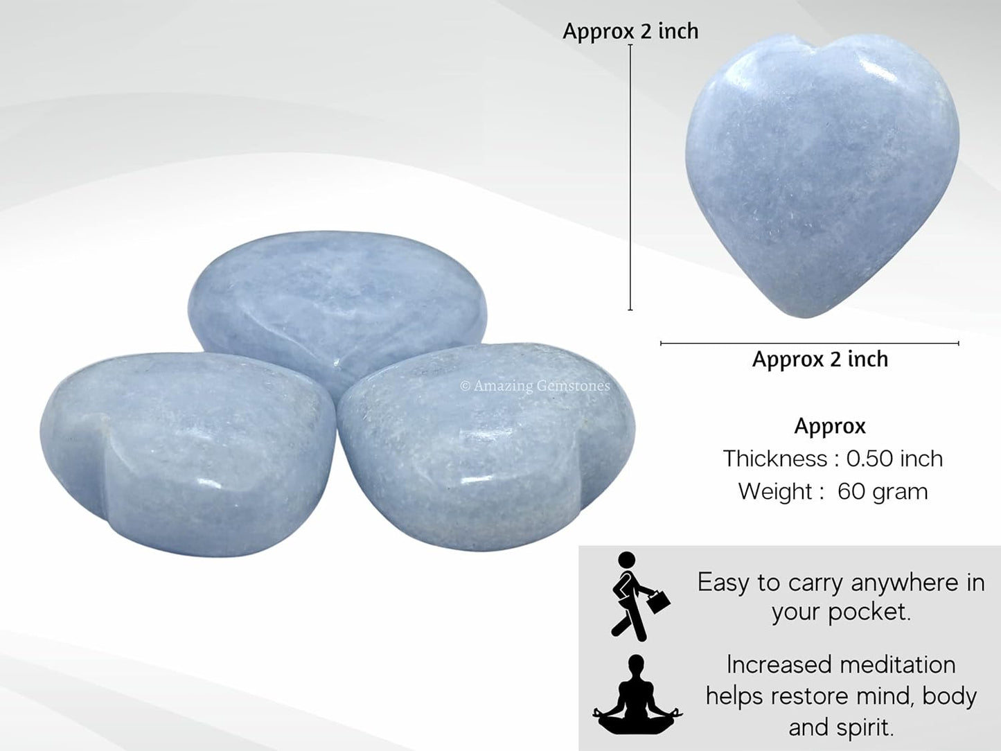 Amazing Gemstone Blue Calcite Celestite Crystal Heart Palm Stone - Pocket Massage Worry Stone for Natural Body Chakra Balancing, Reiki Healing and Crystal Grid