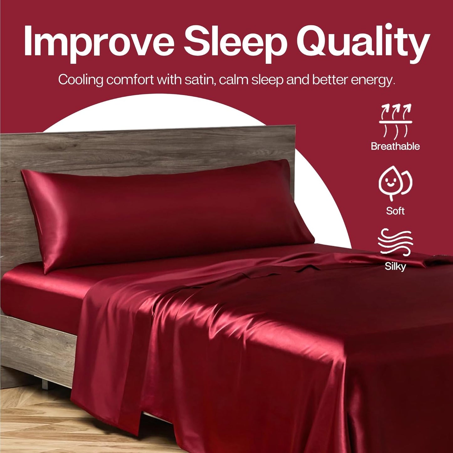 MR&HM Satin Body Pillow Cover, Soft and Breathable Body Pillow Case with Envelope Closure, Cooling and Silky Long Pillowcase for Hair and Skin,Grey (20x54, Burgundy)