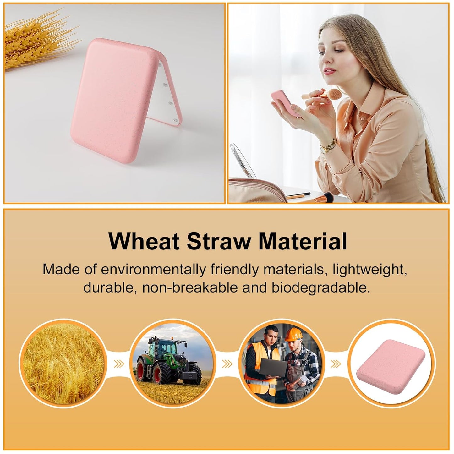 Kintion Rechargeable Pocket Mirror, Double Sided 1X/3X Magnification Compact Vanity Mirror, 3 Color Lights, Dimmable, Small and Portable Lighted Travel Mirror for Women Gifts, Wheat Straw Pink