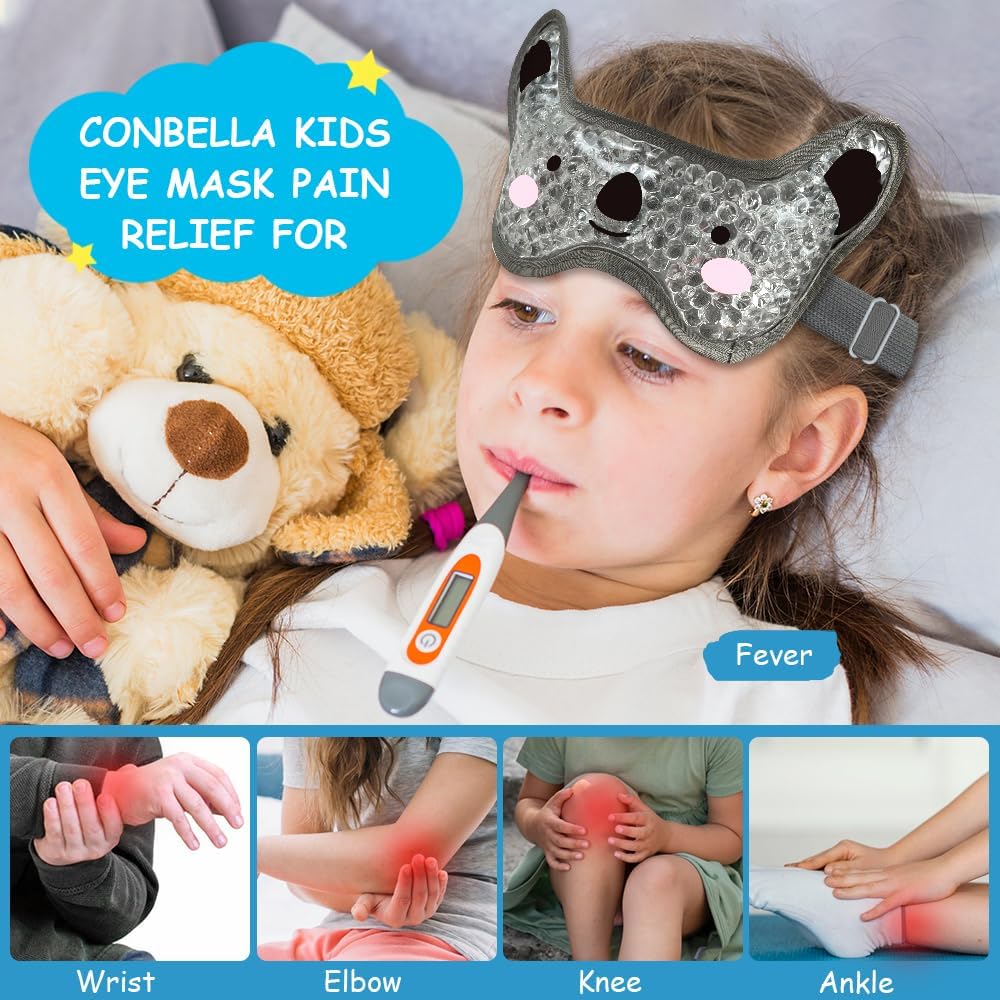 Kids Ice Packs 2 Packs Cooling Eye Mask with Soft Plush Backing for Children Boo Boos Sinus Headache Fever Patch for Kids (Green+Grey)