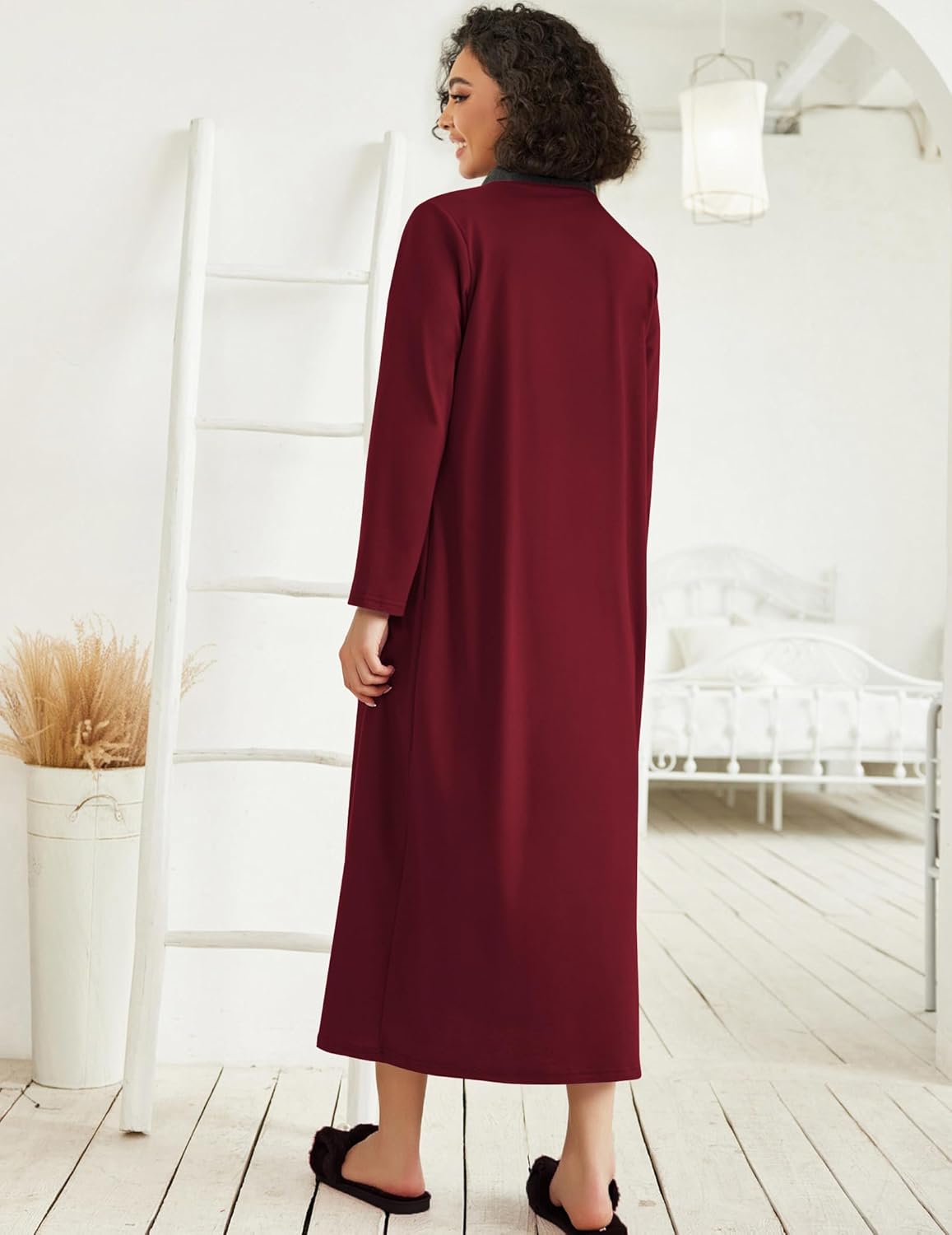 Ekouaer Women Zipper Robe Long Sleeve Loungewear Lightweight Housecoat Full Length Nightgown with Pockets