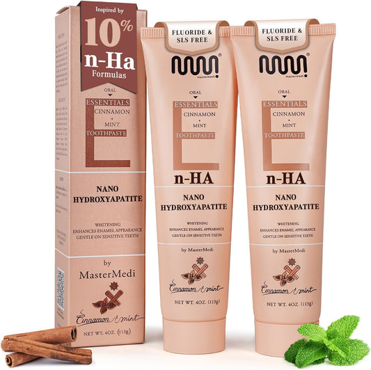 MasterMedi Nano Hydroxyapatite Toothpaste (Inspired by 10% nHA Formulas), Fluoride-Free, Whitening & Sensitivity Relief, Enamel Repair Support, SLS-Free, Xylitol, Mint & Cinnamon 4 Oz (Pack of 2)