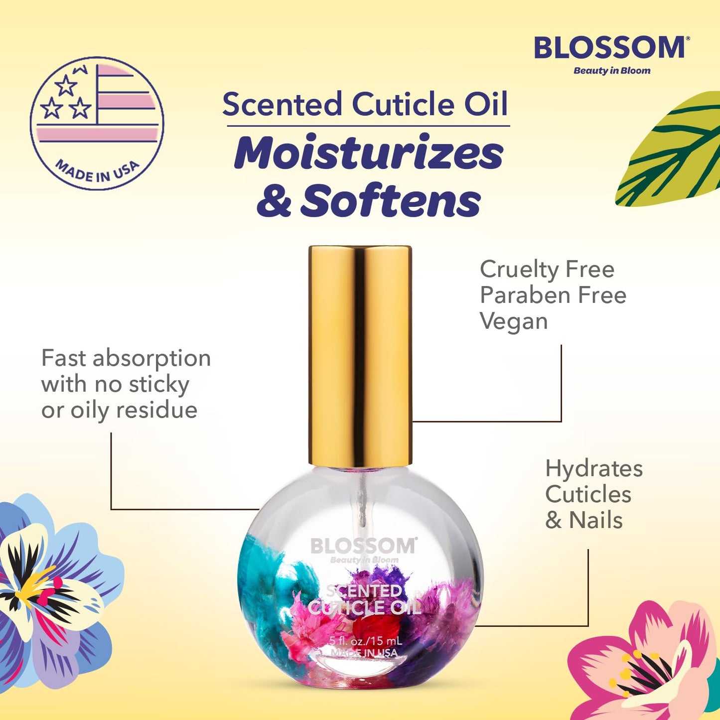 Blossom Cuticle Oil for Nails, Hydrating, Moisturizing, Gourmand Scented Nail Oil Cuticle Care, Infused with Real Flowers, Made in USA, 0.5 fl. oz, Pineapple