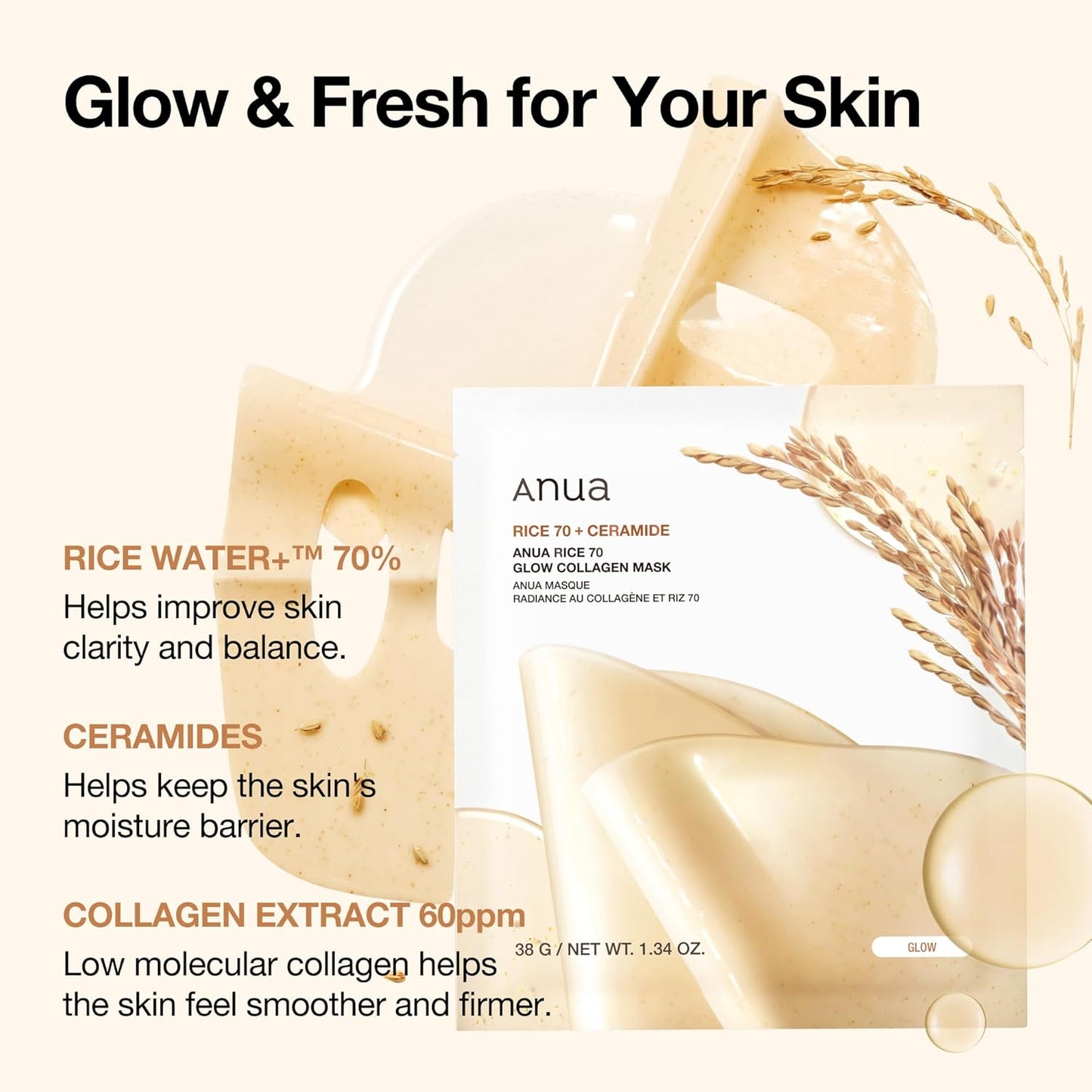ANUA Rice 70 Glow Collagen Mask, Overnight Face Mask for Glass Skin, Ceramide, Collagen Facial Mask, Skin Moisture Barrier, Tightening Care, Natural Color, Korean Skin Care (38g, 4ea)