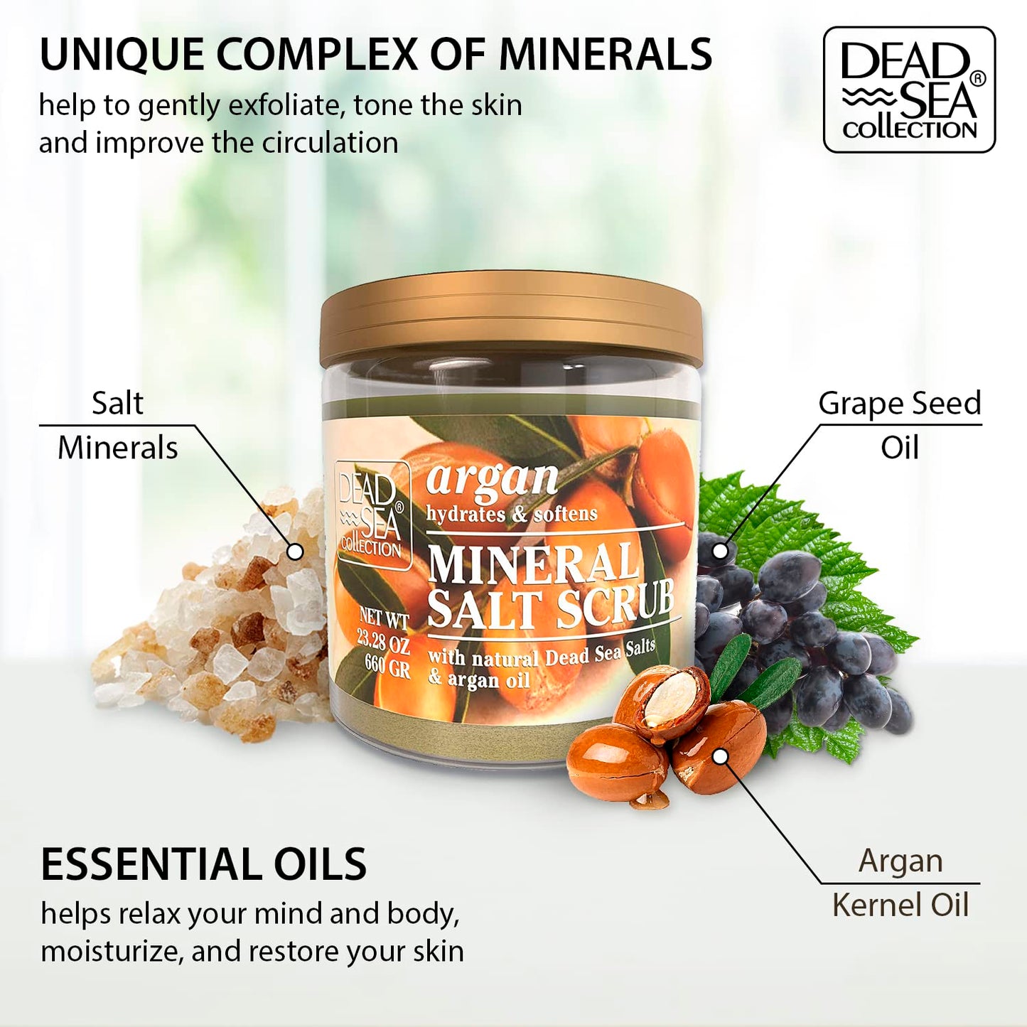 Dead Sea Collection Argan Salt Scrub – Exfoliating Body Scrub for Women – Moisturizing and Nourishing Skin – with Pure Oils and Dead Sea Minerals (23.28 Oz)