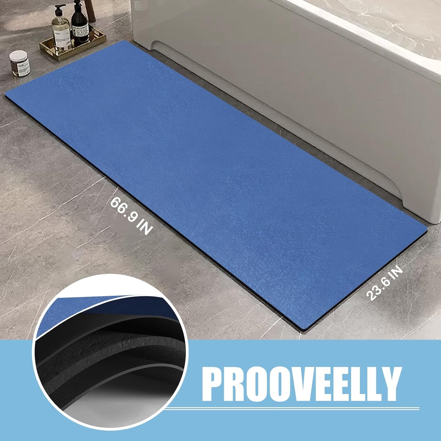 Diatomaceous Earth Bath mat Bathroom Rugs Super Absorbent Quick Dry Non Slip Bath Mat Thin Bathroom Floor Mats Fit Under Door-Shower Rug for in Front of Bathtub Shower, Blue, 23.6"x66.9"