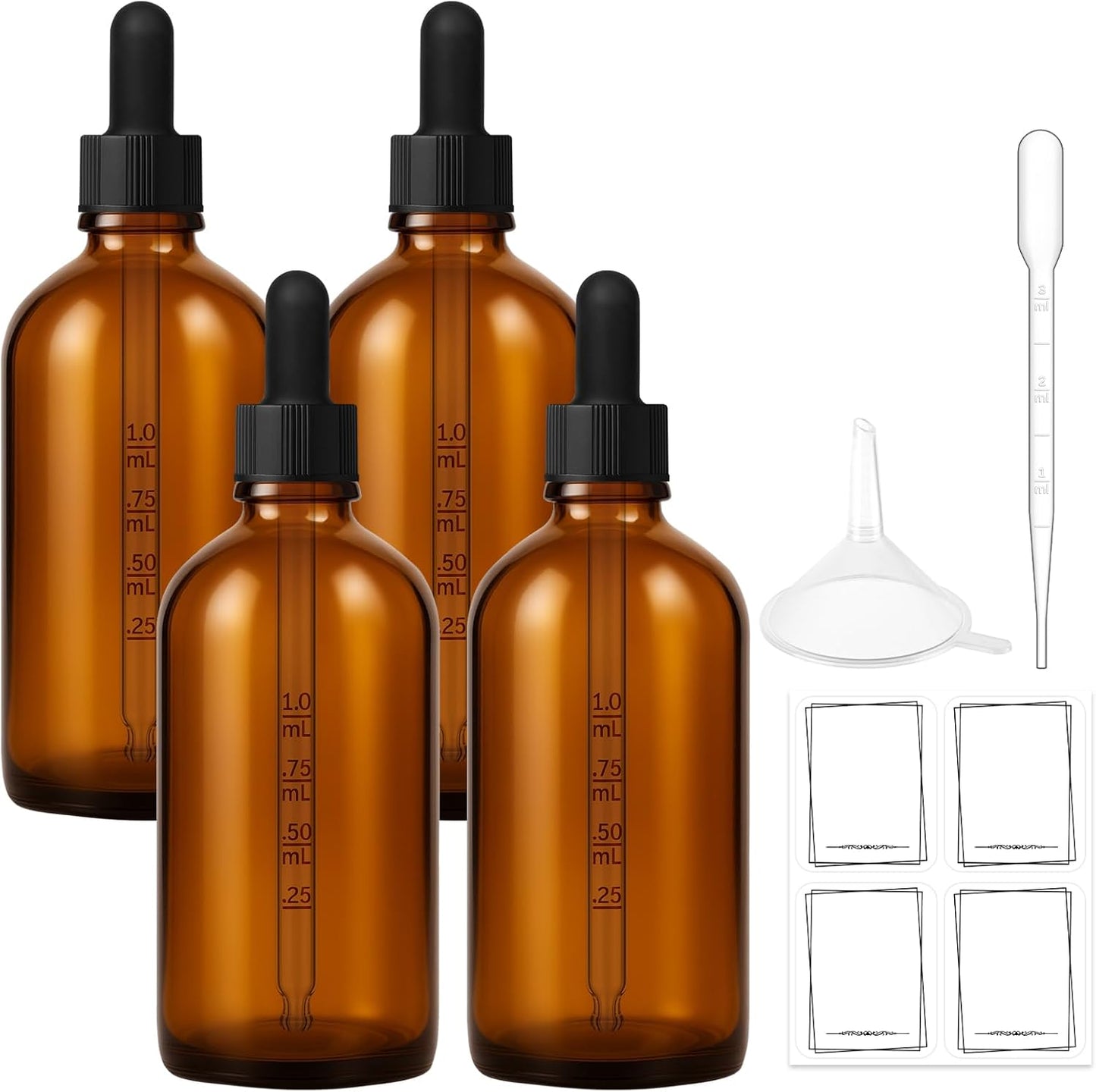 Bumobum 100ml Dropper Bottle, Amber Glass Dropper Bottle with Measured Dropper, 3.4oz Empty Eye Tincture Bottles with Funnel, Pipette & Labels for Essential Hair Oils Serums, 4 Pack