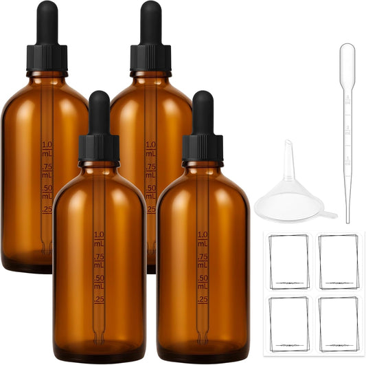Bumobum 100ml Dropper Bottle, Amber Glass Dropper Bottle with Measured Dropper, 3.4oz Empty Eye Tincture Bottles with Funnel, Pipette & Labels for Essential Hair Oils Serums, 4 Pack