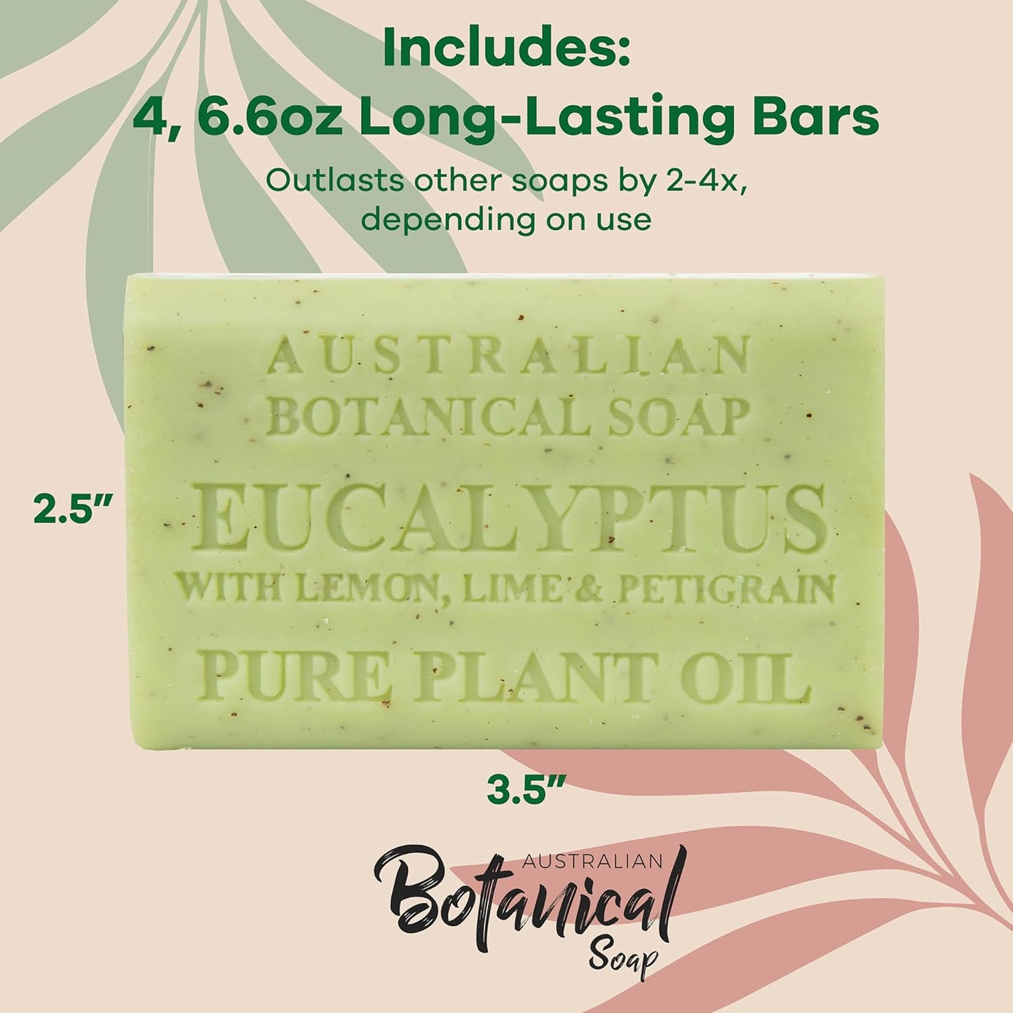Australian Botanical Soap Eucalyptus with Lemon Lime and Petitgrain 6.6 oz Luxury Soap Bars Enriched with Shea Butter, Pack of 4