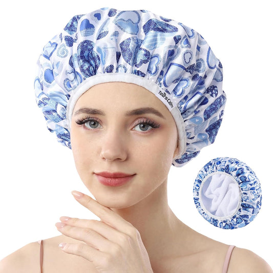 Years calm Terry Lined Shower Cap, Triple Layer Heart Motifs,Waterproof Reusable Elastic,Hair Shower Cap for Women,Terry Cloth Shower Caps for Spa,Clean,Trave (Blue, One Size)