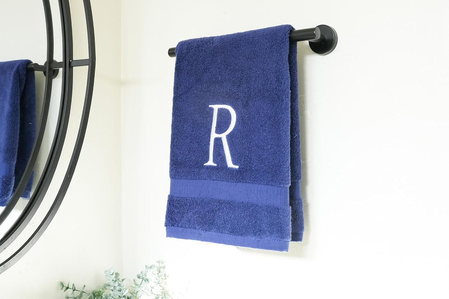White and Navy Monogrammed Hand Towel - Monogram Initial Hotel Quality Decorative Embroidered Luxury Towel for Powder Room, Spa - GOTS Organic Certified - Pack of 2, Letter R