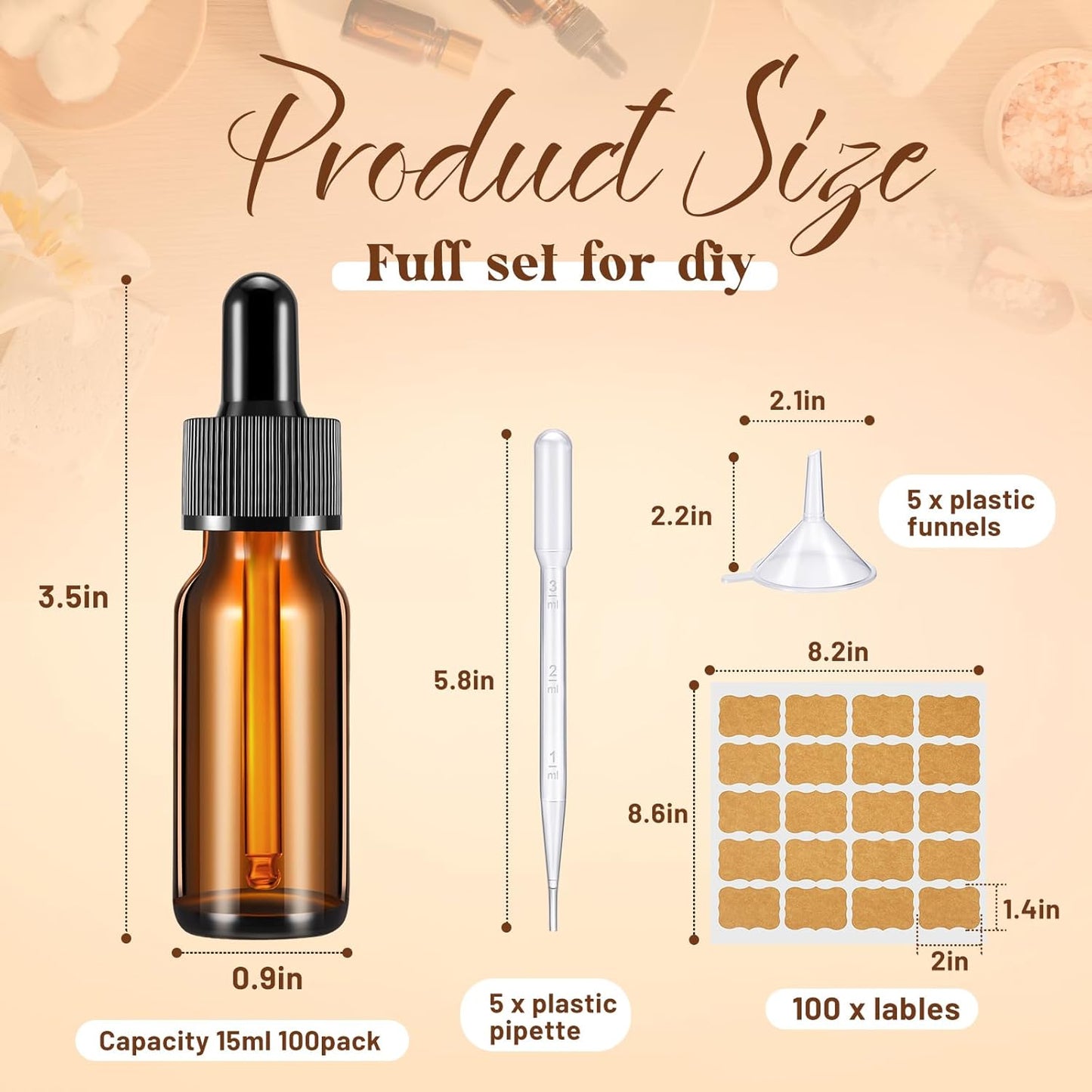 Lallisa 100 Pack Essential Oil Dropper Bottle 15 ml (1/2 oz) Glass Dropper Bottles DIY for DIY Essential Oil Perfume with 5 Funnels 5 Pipettes 3ml 100 Labels for Bathrooms, Hotels, Labs (Amber)
