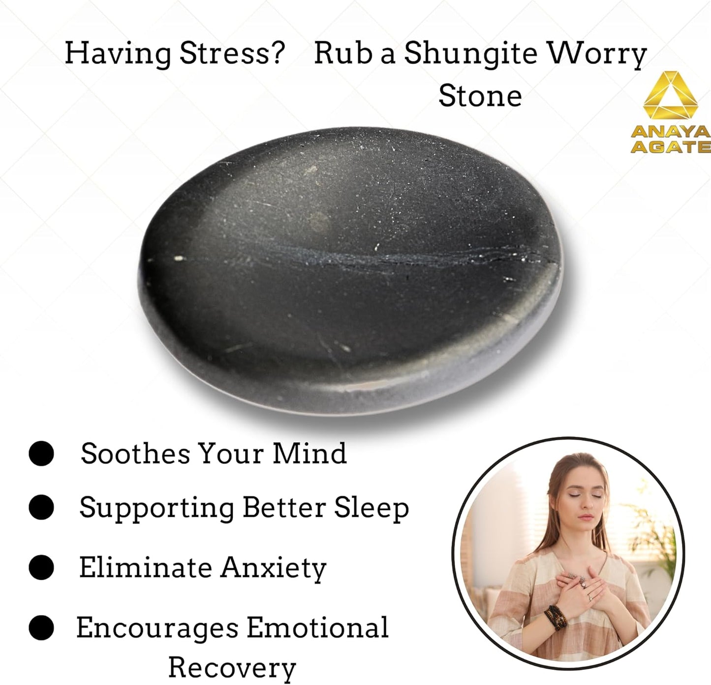 Shungite Worry Stones – Crystal Thumb Worry Stone for Anguish, Stress – Relaxing & Soothing Balance Stones for Meditation, Stress Relief – Healing Stones & Crystals for Men, Women