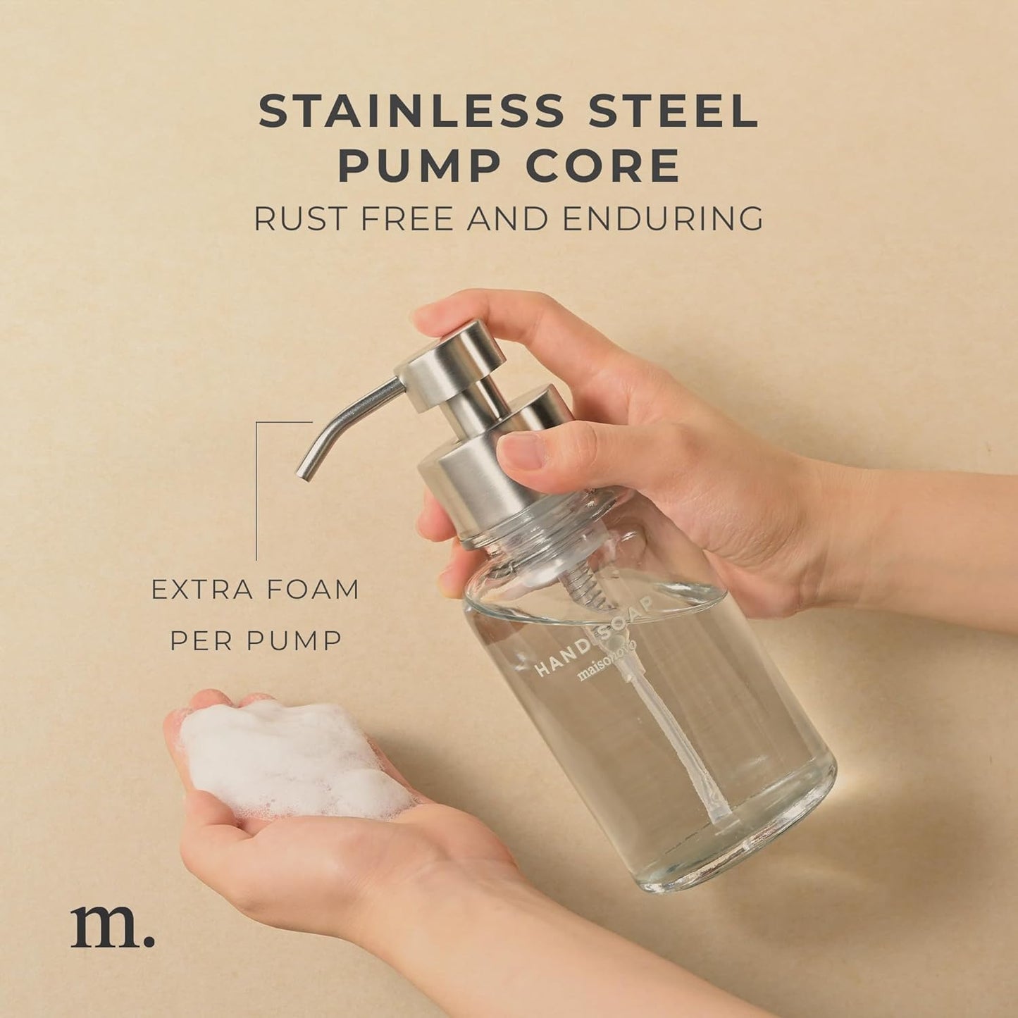 MaisoNovo Glass Foaming Hand Soap Dispenser 14 Oz | Clear Foaming Soap Dispenser Clear Bottle Silver Pump x 1 w/Labels