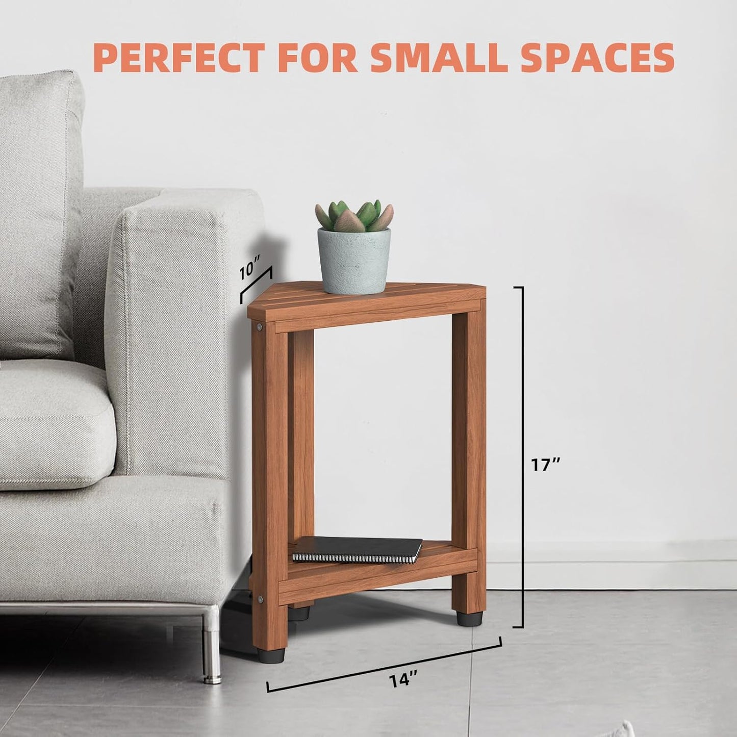 Samplife Corner Shower Stool for Shaving Legs, Teak Corner Shower Bench Stools for Inside Shower,Bathroom Shower Bench Seat Shower Foot Rest with Storage Shelf for Small Shower Spaces