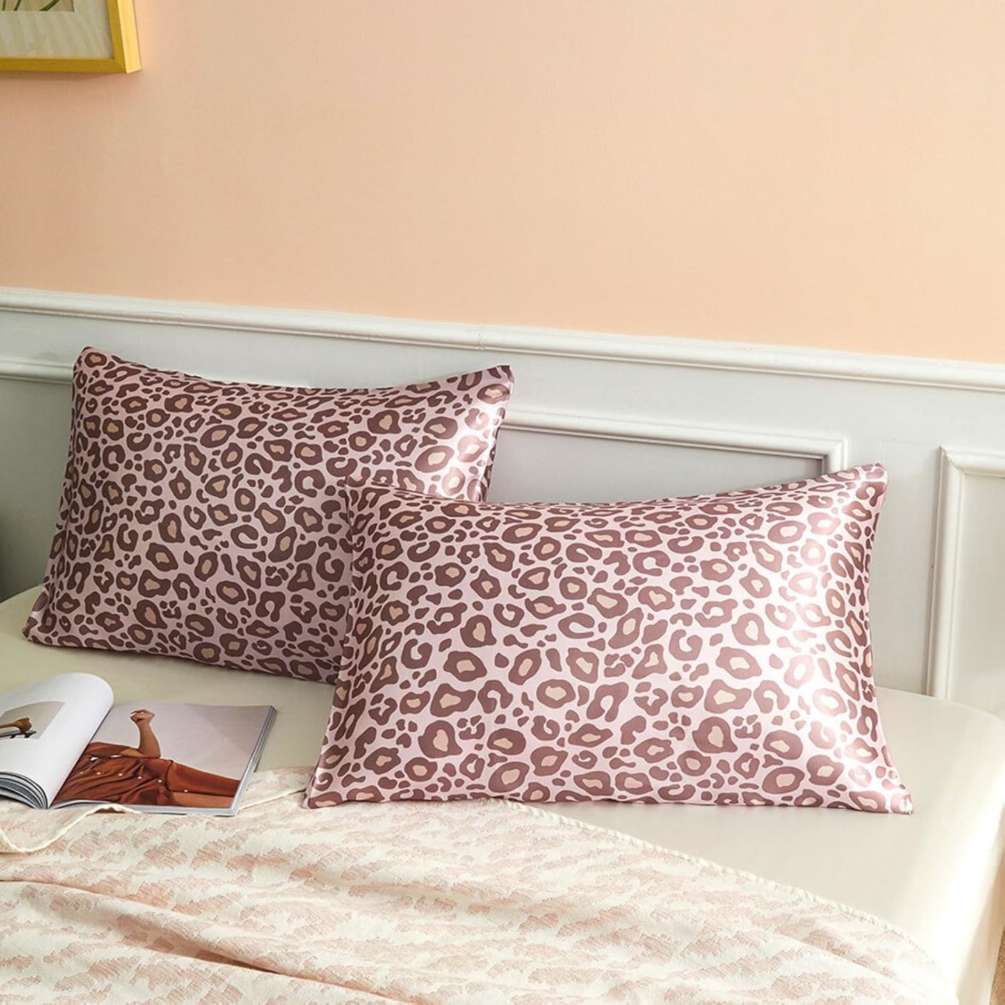 Silky Satin Toddler Pillowcases Pack of 2, 13x18 Inches Pink Leopard Travel Pillowcases with Envelope Closure, Small Kids Pillow Cases Covers