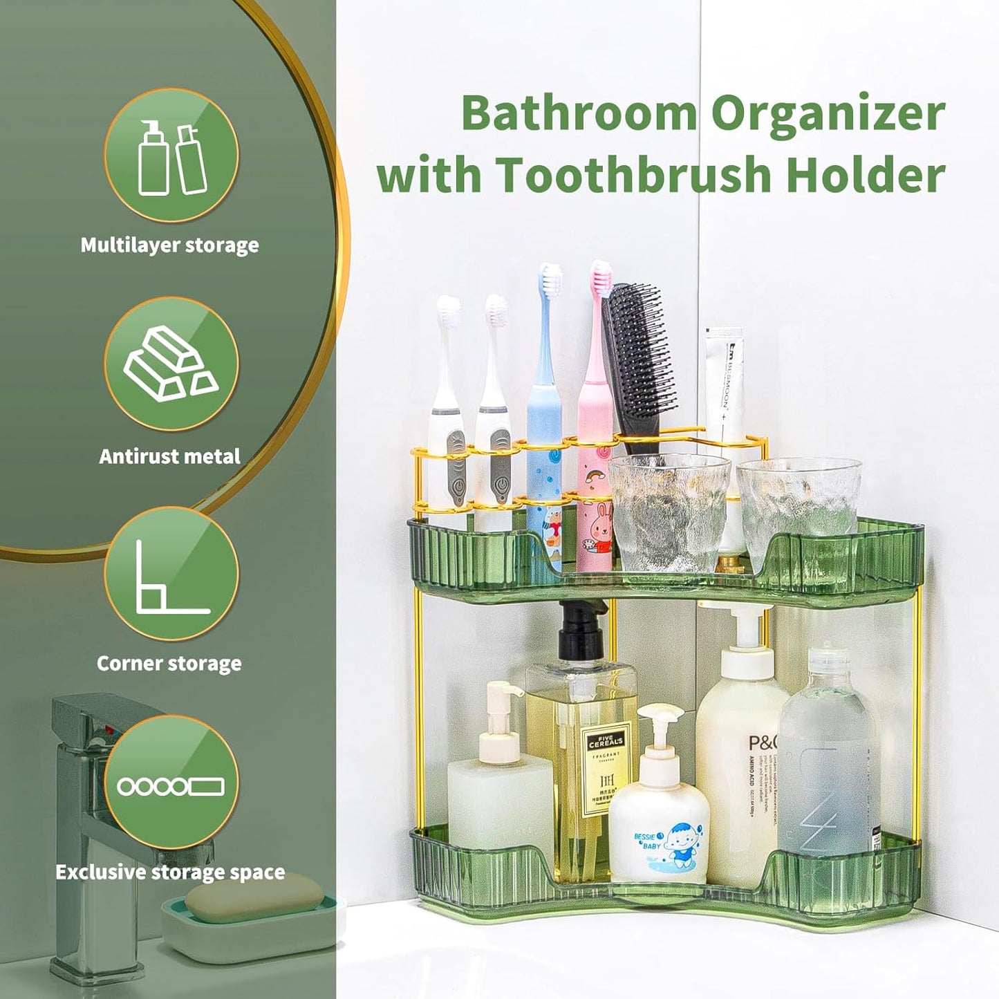 NATURE'S SOURCE Makeup Organizer for Vanity, 2-Tier Corner Bathroom Organizer Countertop with Makeup Brush Holder, Corner Counter Storage for Bathroom Dresser- Green